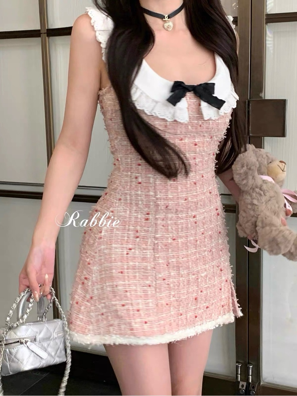 Pink Tweed Sleeveless Dress with Lace Collar - Kids - Picture 3 of 5